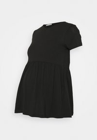 Musta äitiyslharttopiha, joka on tehty pehmeästä kankaasta, jossa on lyhyet hihat, pyöreä pääntie ja kerrostettu, levenevä muotoilu rinnan alla.