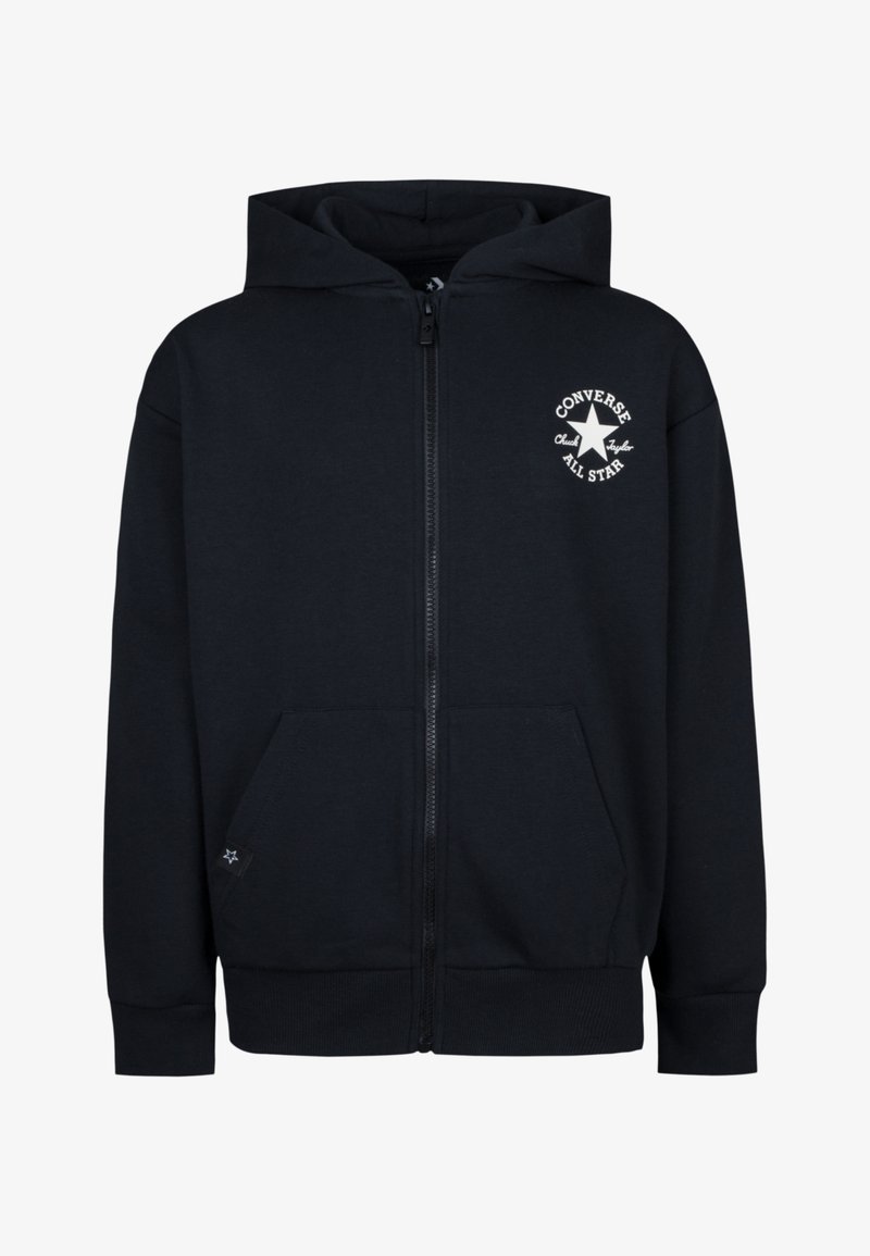 Sweatshirt preto com fecho, feito de uma mistura de algodão, com estampa de logotipo na frente, dois bolsos laterais e punhos e barra com canelado.