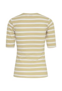 Striped t-shirt in light yellow and white, featuring a round neckline and three-quarter sleeves. Smooth cotton material, fitted shape.