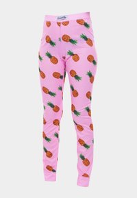 Pink leggings with a ribbed texture, featuring an all-over pattern of orange pineapples with green leaves. Elastic waistband.