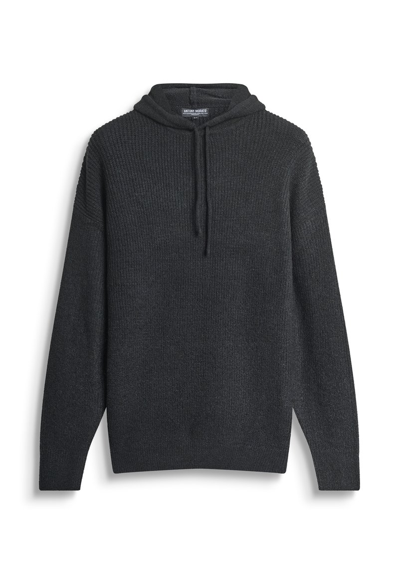 Felpa con cappuccio grigio scuro a maglia, con texture a coste, caratterizzata da un cordino sul collo e maniche lunghe. Design semplice, senza fantasie.