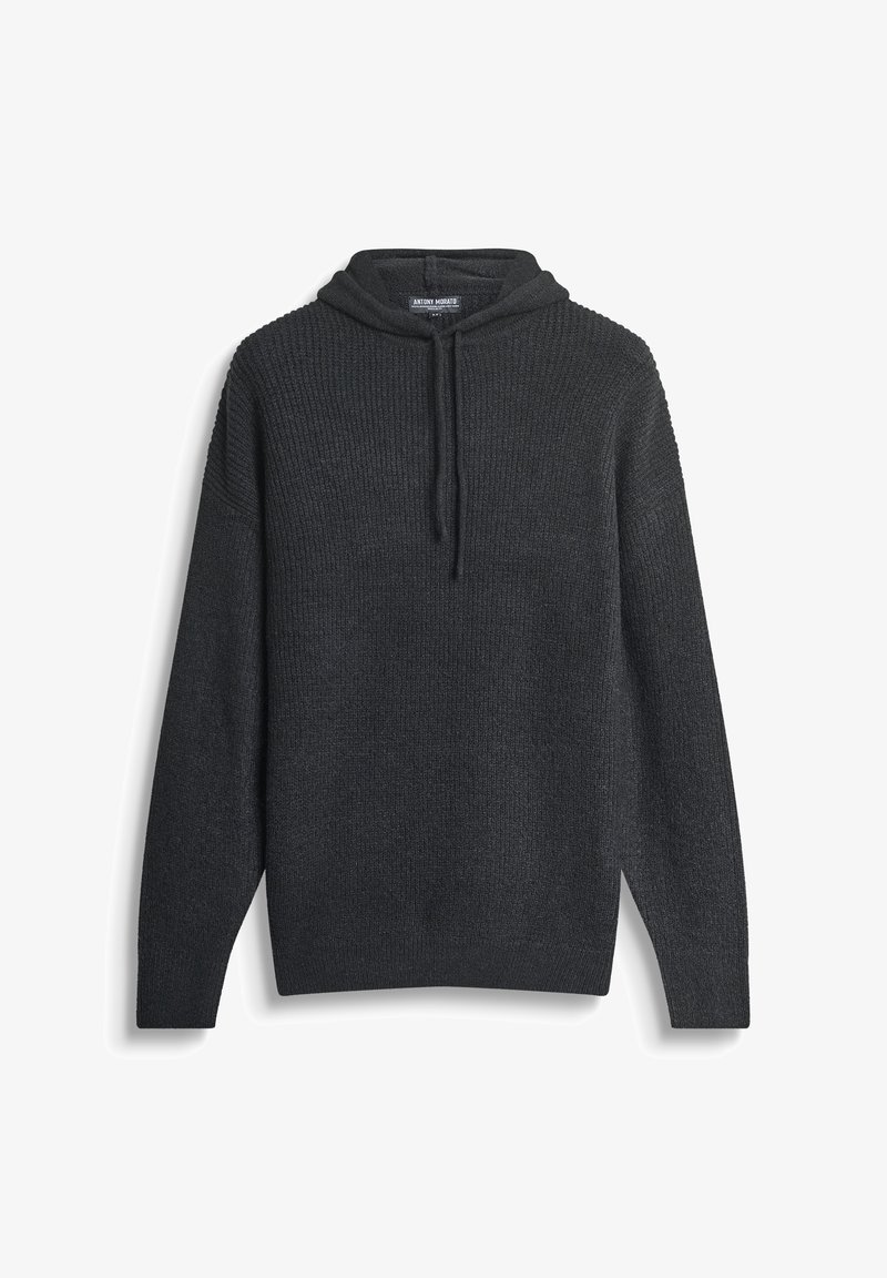 Felpa con cappuccio grigio scuro a maglia, con texture a coste, caratterizzata da un cordino sul collo e maniche lunghe. Design semplice, senza fantasie.