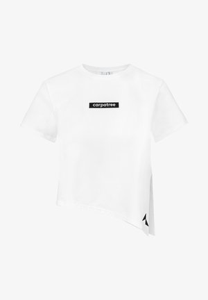 Valkoinen lyhythihainen t-paita, joka on valmistettu puuvillasta, ja jossa on musta suorakulmainen logo sekä epäsymmetrinen helma, jossa on sivuaukko.