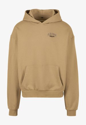 Beige Kapuzenpullover aus weichem Stoff, mit einer Tasche auf der Vorderseite, einer Kordelzugkapuze und gesticktem "SANT"-Text in Dunkelgrau auf der Brust.