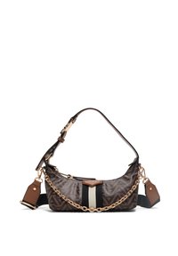 Brown patterned handbag with a curved shape, gold chain accent, adjustable strap, and a contrasting cream stripe detail.