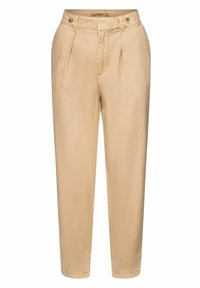 Pantalon beige taille haute fuselé avec plis, taille boutonnée et poches latérales.