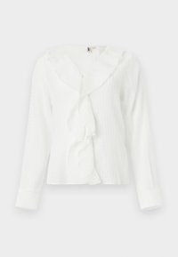 Blusa blanca de manga larga con un cuello con volantes y tejido texturizado. Tiene un corte ligeramente holgado y mangas con puños.