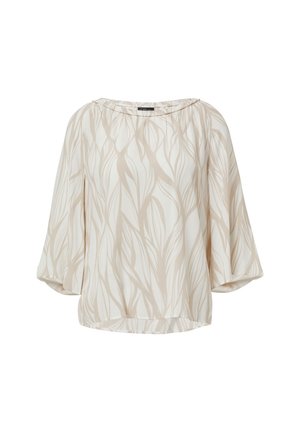 Beige blouse met een bladpatroon, gemaakt van lichtgewicht stof. Het heeft een brede halslijn en ballonmouwen.