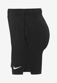 Zwarte sportshorts met een rekbare tailleband, zijzakken en een wit Nike-logo op het linkerbeen. Glad materiaal met een aansluitend ontwerp.