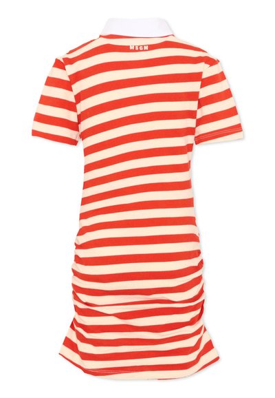 Robe à manches courtes de style polo avec col blanc, rayures horizontales orange et crème, et logo "MSGM" sur le haut du dos.