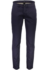 Granatowe, męskie spodnie o wąskim kroju, z zapięciem na guzik i zamek błyskawiczny, szlufkami na pasek oraz bocznymi kieszeniami.