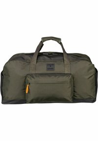 Sac de sport vert olive fabriqué en nylon durable, avec deux poignées supérieures, une poche zippée à l'avant avec un tirette zippée orange, et une finition texturée.