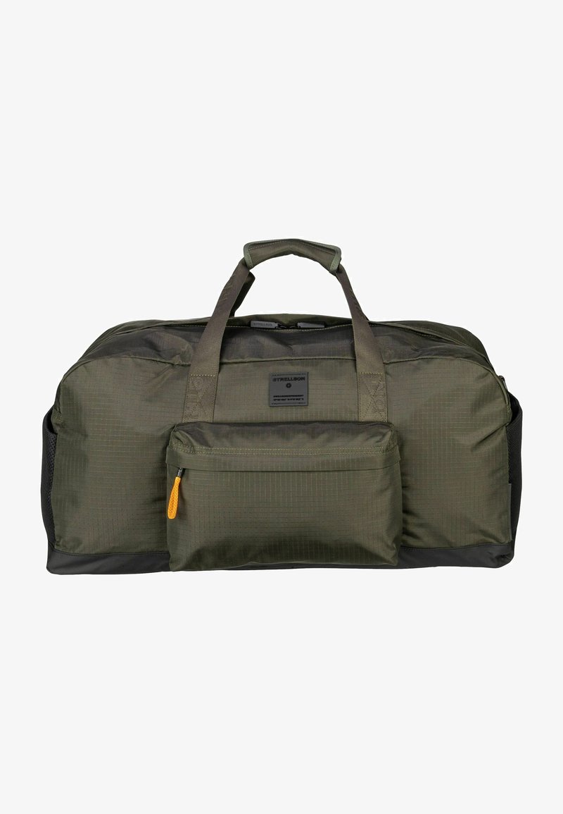 Olivgrüner Sporttasche aus strapazierfähigem Nylon, mit zwei oberen Griffen, einem Frontreißverschlussfach mit einem orangen Reißverschlusszieher und strukturiertem Finish.