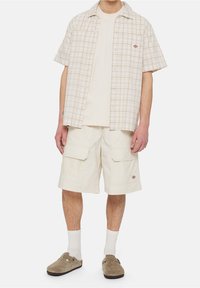 Uomo che indossa una camicia a maniche corte a quadri beige sopra una maglietta bianca, pantaloni cargo crema, calze bianche e scarpe slip-on marroni, in piedi contro uno sfondo bianco.