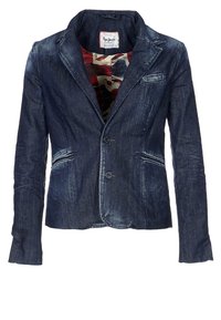 Dunkelblaues Denim-Blazer mit Reverskragen, zwei Fronttaschen und zwei Knöpfen. Innenfutter mit einem Muster im Union Jack-Design.