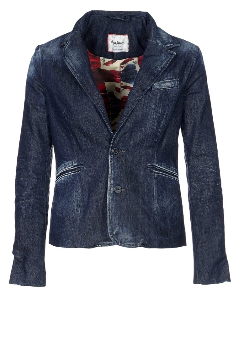 Dunkelblaues Denim-Blazer mit Reverskragen, zwei Fronttaschen und zwei Knöpfen. Innenfutter mit einem Muster im Union Jack-Design.