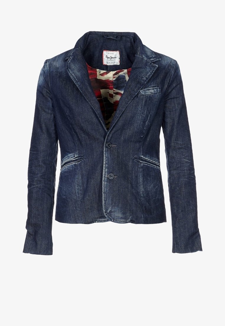 Dunkelblaues Denim-Blazer mit Reverskragen, zwei Fronttaschen und zwei Knöpfen. Innenfutter mit einem Muster im Union Jack-Design.
