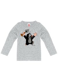 Gray long-sleeve shirt featuring a cartoon mole character holding a trowel. The fabric has a smooth texture and rounded neckline.