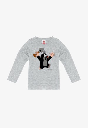 Gray long-sleeve t-shirt with a cartoon mole graphic; paired with dark gray pants and blue sneakers featuring green accents.