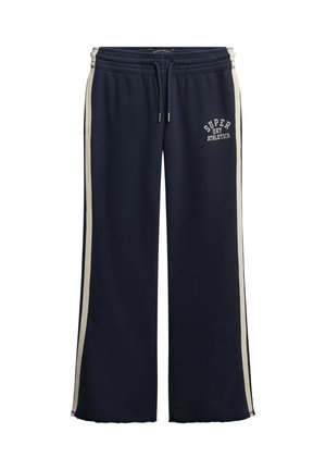 Navy blue wide-leg sweatpants with white side stripes, elastic waistband, drawstring, and "Super Dry Athletics" logo on left thigh.