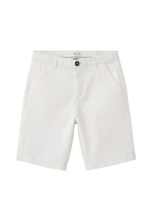 Pantaloni scurți albi pentru bărbați, de lungime medie, cu bucle pentru curea, buzunare laterale și o închidere cu nasture negru în talie.