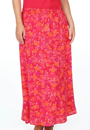 Blühende Maxikleid mit leuchtendem Pink, orangefarbenen und gelben Blumen, ausgestattet mit einem elastischen Bund und einem lockeren, fließenden Design.