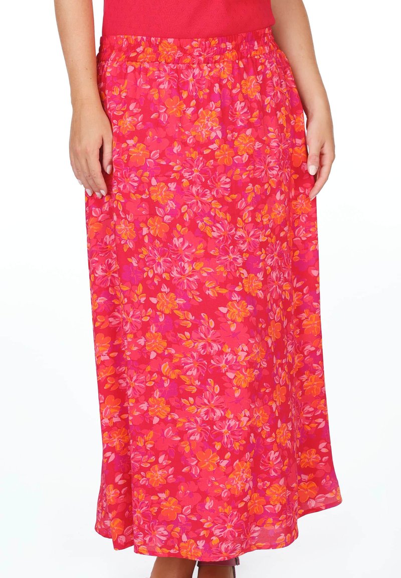 Blühende Maxikleid mit leuchtendem Pink, orangefarbenen und gelben Blumen, ausgestattet mit einem elastischen Bund und einem lockeren, fließenden Design.