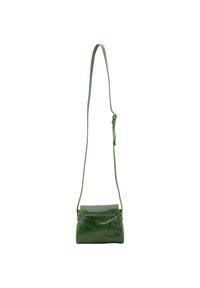 Borsa a tracolla in pelle verde con forma rettangolare, chiusura a patta e una lunga tracolla regolabile. Texture liscia con dettagli di cucitura minimi.