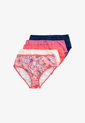 Vijf katoenen damesonderbroeken in bloemenprint roze, lichtroze, koraal, mauve en marineblauw, elk met een klein strikje aan de voorkant.