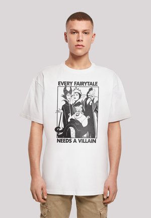 White cotton T-shirt featuring a black graphic design with the text "Every Fairytale Needs a Villain" and illustrations of several characters.