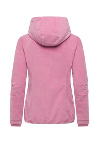 Lyserød hættetrøjejakke med blød tekstur, elastiske ærmegab og en figursyet pasform med en let buet kant bagpå.