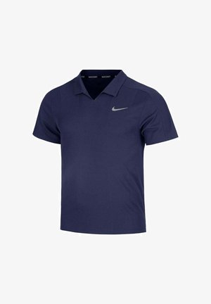 Navyblaues Nike Poloshirt, kurzärmlig, V-Ausschnitt, strukturierter Stoff, silbernes Logo auf der linken Brust, normale Passform.