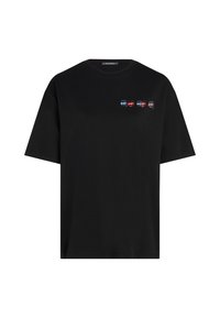 T-shirt en coton noir avec col rond, manches courtes et quatre petites illustrations de voitures colorées sur le devant.