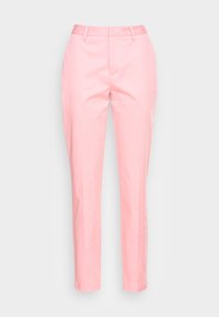 Pink trousers made of smooth fabric, featuring a tailored fit, flat front, and belt loops. Straight-leg design with no visible pockets.