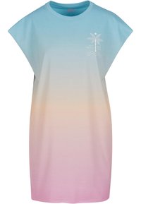 Lightweight cotton t-shirt dress featuring a gradient from blue to pink, cap sleeves, and white palm tree graphic on the chest.