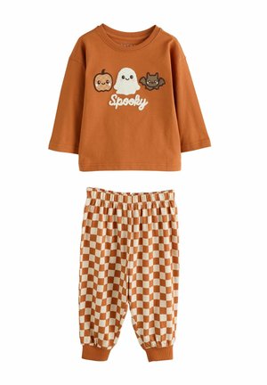 Langærmet orange toddler t-shirt med græskar-, spøgelses- og flagermusansigter med "Spooky" tekst, kombineret med orange og hvide ternede bukser.
