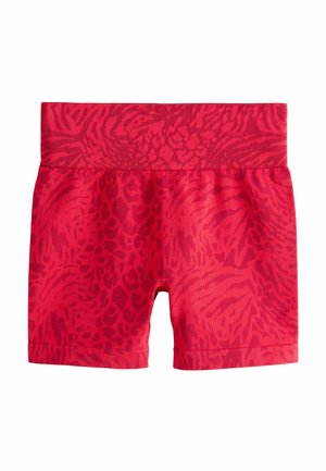 Rote nahtlose Shorts mit breitem Bund und dezentem Animal-Print-Muster auf dem gesamten Stoff.