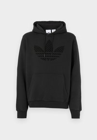 Felpa nera con cappuccio, tasca frontale e maniche lunghe. Presenta un logo nero ricamato in rilievo sul petto e un cappuccio con coulisse.