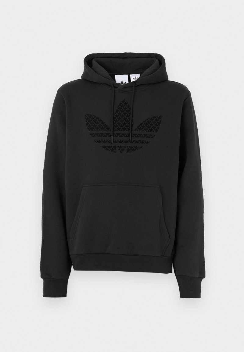 Black hoodie with a front pocket and long sleeves. Features a textured black embroidered logo on the chest and a drawstring hood.