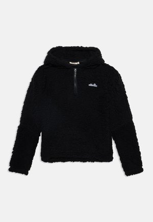 Čierna fleece mikina s kapucňou, predným zipsom a bielym logom ellesse na hrudi, položená na bielom pozadí.