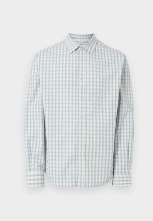 Light blue and white checkered men's button-up shirt with long sleeves and a front pocket.