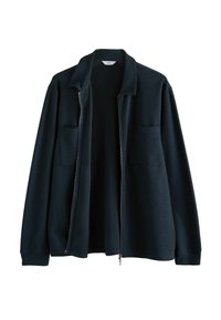 Dark navy zip-up jacket with a collar, two front pockets, and ribbed cuffs. Smooth, textured fabric with minimal seams.