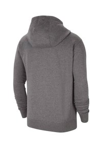 Grauer Kapuzenpullover mit langen Ärmeln, gefertigt aus weichem Material. Verfügt über eine geräumige Kapuze und gerippte Bündchen. Die Rückansicht zeigt ein einfaches Design.