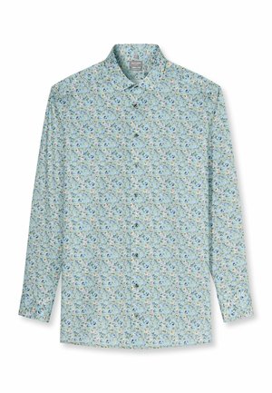 Camicia azzurro chiaro a maniche lunghe con bottoni, con piccolo motivo floreale multicolore e colletto classico, distesa su sfondo bianco.