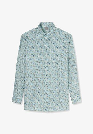 Hellblaues langärmeliges Hemd mit Knöpfen, kleinem mehrfarbigem Blumenmuster und klassischem Kragen, auf weißem Hintergrund flach ausgelegt.