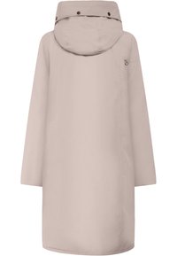 Impermeabile beige chiaro con cappuccio, caratterizzato da un design minimalista, taglio dritto e bottoni a pressione al collo. Texture liscia, senza motivi prominenti.
