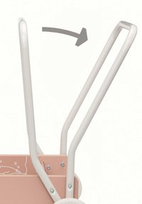 Lys rosa vogn med hvide, buede håndtag; metal konstruktion; bemærkelsesværdige skruer på karosseriet; designet til nem manøvredygtighed.