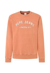 Sudadera de Pepe Jeans en color coral, con cuello redondo, puños de canalé y un estampado en blanco que dice "PEPE JEANS LONDON W11" en la parte frontal.
