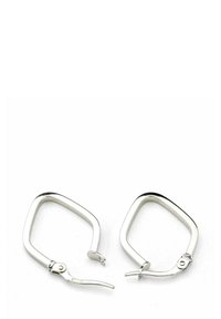 Silver hoop earrings with a square design, featuring a smooth, polished finish and secure clasp closure. Suitable for various occasions.