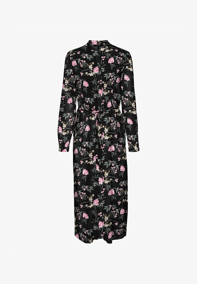 Robe noire à fleurs avec des roses roses et des feuilles vertes, manches longues, devant à boutonnière, ceinture à la taille et longueur jusqu'aux genoux.